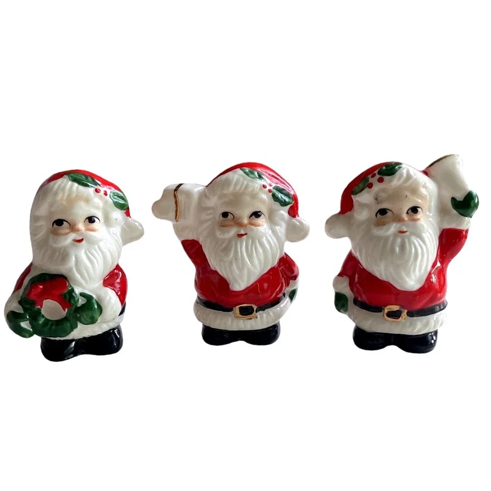 VINTAGE SET OF 3 CERAMIC SANTA CLAUS CHRISTMAS TREE Wreath Present Bell JAPAN 3